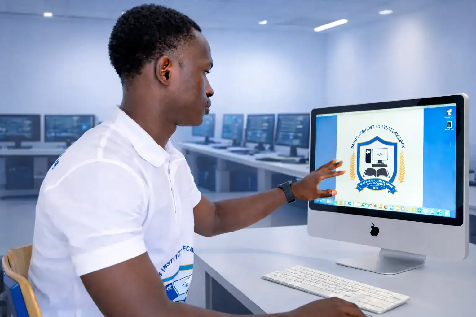 African ICT student using a desktop computer in a modern computer lab at Bangs Institute of Technology.