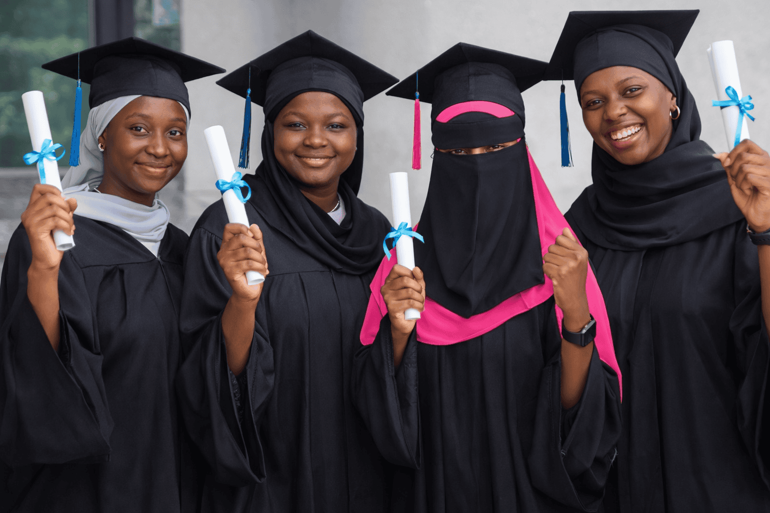 Group of diverse graduates in caps and gowns celebrating success.