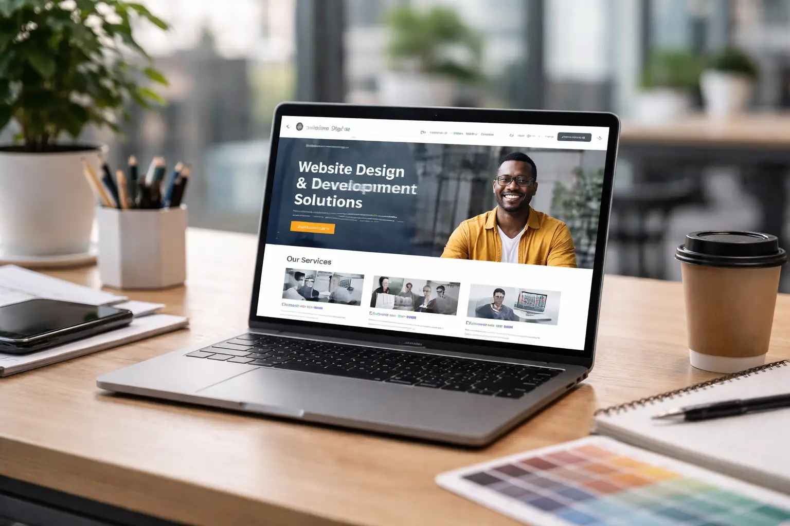 Laptop displaying a modern professional website design representing website design and development services at Bangs Institute of Technology.