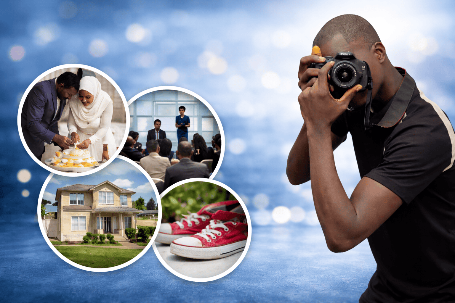 Professional photographer capturing high-quality images with a DSLR camera, representing photography and videography services in The Gambia.